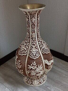 Ivory Dynasty Intricate Carved Floral Ceramic Vase in Brown and Cream